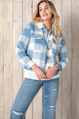 A new spin on a favorite, our Braidy in a blue plaid is a shacket with a crop design!   We're obsessed with this soft brushed woven version that has all the classic elements we love, like a button front, shirt collar, opening cuffs, and chest patch pockets, all finished off in a cropped 24 1/2