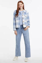 Load image into Gallery viewer, A new spin on a favorite, our Braidy in a blue plaid is a shacket with a crop design!   We&#39;re obsessed with this soft brushed woven version that has all the classic elements we love, like a button front, shirt collar, opening cuffs, and chest patch pockets, all finished off in a cropped 24 1/2&quot; length. You&#39;ll look not only darling but put together when you wear this fabulous style.  Color- Blue and white. Button-front with shirt collar and horn buttons. Relaxed fit.
