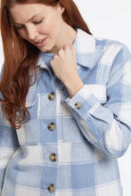 Load image into Gallery viewer, A new spin on a favorite, our Braidy in a blue plaid is a shacket with a crop design!   We&#39;re obsessed with this soft brushed woven version that has all the classic elements we love, like a button front, shirt collar, opening cuffs, and chest patch pockets, all finished off in a cropped 24 1/2&quot; length. You&#39;ll look not only darling but put together when you wear this fabulous style.  Color- Blue and white. Button-front with shirt collar and horn buttons. Relaxed fit.
