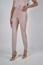 Load image into Gallery viewer, This beautiful rose color slim leg jean will have you standing out in a crowd with the eye-catching details and subtle sparkle.  A perfect jean to wear with a solid white or black top.  Looks stunning when styled with our BLYTHE BLUSH AND VANILLA HOODED CARDIGAN by Frank Lyman.

