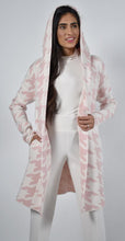 Load image into Gallery viewer, Simply stunning describes this pink and white hooded open cardigan. A perfect style to transition between seasons, you will feel and look like a fashionista when you put on this uniquely fabulous cardigan with an abstract pattern.  Pairs beautifully with blue or white denim.
