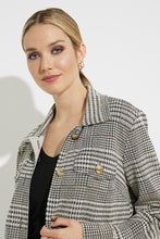 Load image into Gallery viewer, A stunning jacquard knit jacket in beige and black with a dusting of gold thread elevates any look.  With brilliantly shining gold buttons, you will be polished and pulled together when you wear this gorgeous style.  Perfectly pairs with our KATHERINE KNIT JACQUARD PANT- JOSEPH RIBKOFF 223143.  Colors- Beige, black, gold, hints of yellow and dark orange. Shiny gold buttons. Front button closures.  Sleeve button closure. Decorative nonfunctional bust pockets.
