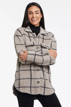 Load image into Gallery viewer, This season, we adore shackets, which are so on trend. This soft brushed plaid version is one of our favorites, thanks to the classic button-front closure, shirt collar, chest patch pockets, and curved shirttail hem that combine to create a piece that will keep you warm and stylish at the same time.    Color- Taupe grey. Relaxed fit. Chest patch pockets. Curved shirttail hem.
