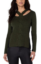 Load image into Gallery viewer, Featuring a neck wrap with cutout details and color blocking on the side, our Callie sweater makes for an amazing statement piece and a flattering silhouette. An effortless style, the Callie easily transitions from casual day wear to an evening out on the town.  Color- Pine heather and black. Cable twist design. Color blocking along the sides and down the inside of the arms. Neck wrap with cutout details
