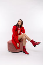Load image into Gallery viewer, A gorgeous color red pops on our Candy Red Long Coat by Astrid.  A soft cold weather coat, when you wear this highly stylish coat you will warm and cozy and fashionable. Two large shiny black buttons give this beautiful coat even more interest.  Color- Red. Two shiny black buttons. Two front button closure. Lined. Two functional front pockets. Long style.
