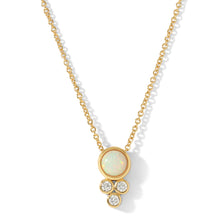 Load image into Gallery viewer, This dainty and sweet opal pendant is the perfect everyday necklace.  An opal stone is accented with three sparkling cubic zirconia.  A lovely combination is to layer with our New Lourdes Opal Necklace.

