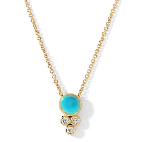 A dainty and sweet turquoise pendant is the perfect everyday necklace.  A brilliant blue stone is accented with three sparkling cubic zirconia. Wear alone or layer with other necklaces.  Color- Blue turquoise, white, gold. Composition- 14kt gold over brass. Genuine turquoise. Cubic zirconia. Chain length-15 inch with a 2-inch extender.