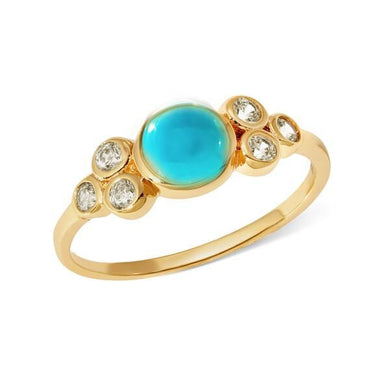 Forever-femme and so dainty, this stunning ring is featured in a thin band style and delicate design with an eye-catching center stone and shiny gem adornments.  For extra sparkle, wear with our matching Capri Turquoise Pendant Necklace and Capri Turquoise Earrings.   Color- Blue turquoise, white, gold. Composition- 14kt gold over brass. Genuine turquoise. Cubic zirconia.
