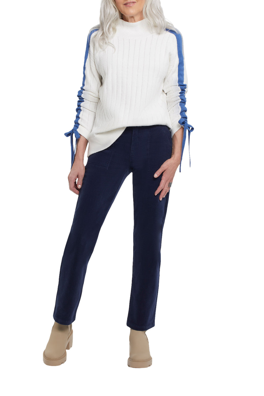 This stylish color block sweater checks all the boxes for fashion and function, and we can't wait to wear it all season long. We're loving the sleek mock neck, relaxed fit, and side slits, while the drop shoulder sleeves get a major makeover with contrasting ruched ties that you can style your own unique way.   Color- White, blue, and gray. Pop-over mock neck. Relaxed fit. Drop shoulder sleeves with contrasting ruching ties.