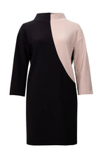 Load image into Gallery viewer, Sophistication meets modern with this gorgeous color block dress in sand and black.  The uniquely mod inspired look is original and refreshing; a stand-out style for your evenings out.    Color- Sand and black. 3/4 sleeve. Short dress. Back zipper closure. Two tone dress. Fabric-95% Polyester. 5% Spandex.
