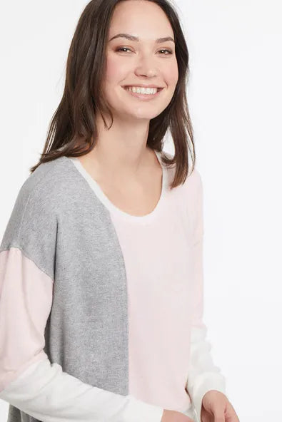 Color blocking continues to be all the fashion which makes this lovely lightweight sweater a must have.  The soft brushed knit, with the classic boat neck cut, relaxed fit, and slouchy drop-shoulder sleeves provides all-day comfort.
