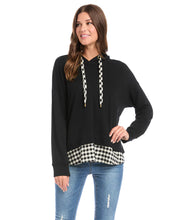Load image into Gallery viewer, You&#39;ll want to live in this buttery-soft French Terry hoodie finished with a contrast gingham pattern hem and contrast gingham pattern drawstrings. This hoodie is perfect for running errands and athleisure activities.
