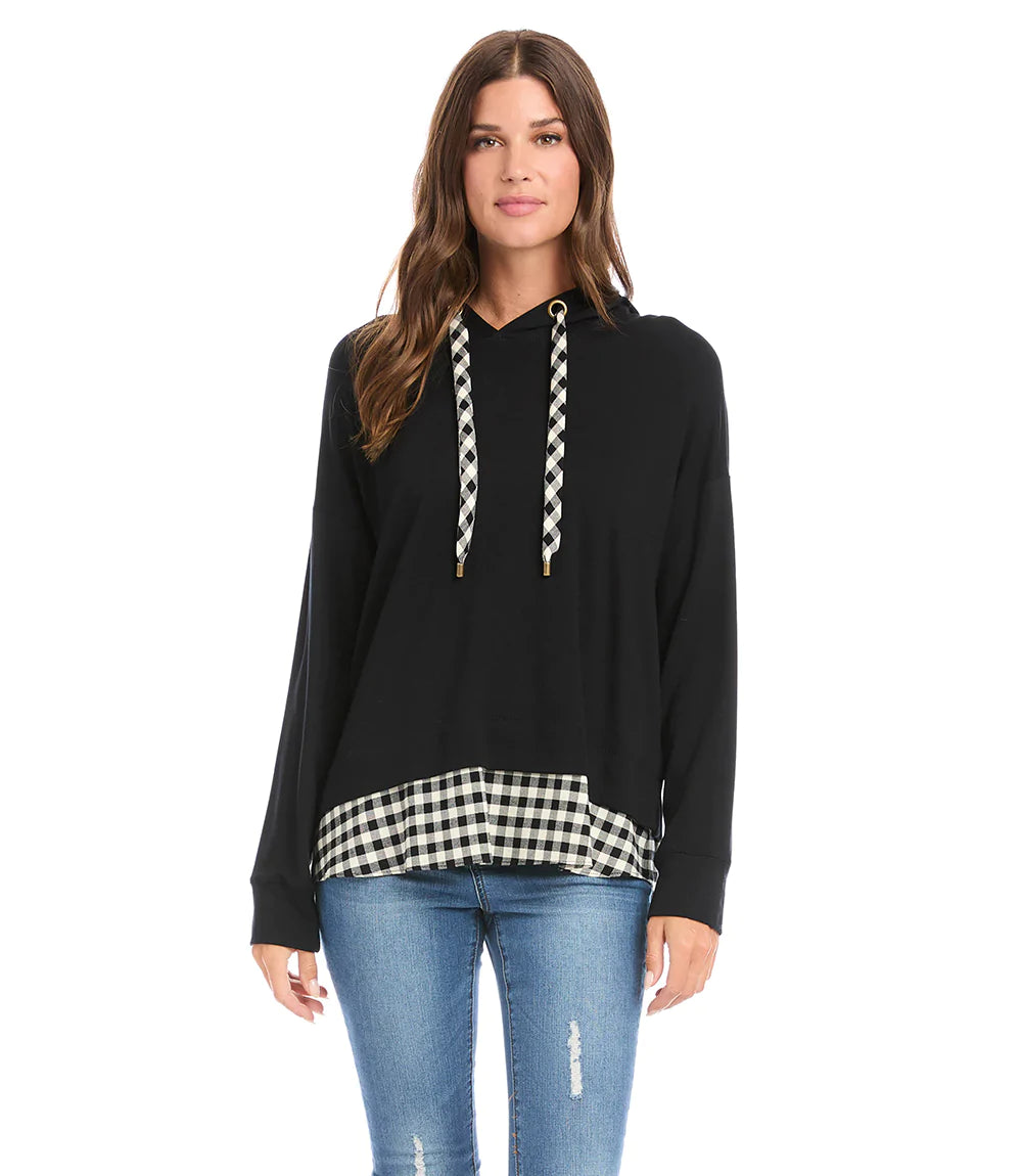 You'll want to live in this buttery-soft French Terry hoodie finished with a contrast gingham pattern hem and contrast gingham pattern drawstrings. This hoodie is perfect for running errands and athleisure activities.