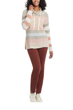 Load image into Gallery viewer, This stylish cowl neck sweater with drawstring neck is even more fabulous in person. With a hint of sportiness, this textured sweater really stands out with its contrasting color pattern.  This sweater will become a favorite to wear whether you are running errands or relaxing at home.  Color- Sedona-Cream with olive, light gold, orange and light blue. Pop-over mock neck with drawstring. Relaxed fit. Drop shoulder. Long sleeve. Contrasting stripe sleeves.
