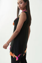 Load image into Gallery viewer, Spectacular splashes of color in orange, white, and fuchsia line the draping on the neck and asymmetrical bottom hem on this stunning sleeveless black tunic top.  Another smart modern design by Joseph Ribkoff, this tunic will make you stand out in a crowd.  Like you, our Sophia Tunic is unique in its own right.
