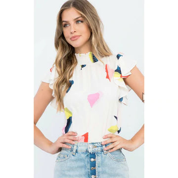 A brilliant abstract print in vivid navy, black, red, coral, greens and pinks on a cream base create a beautiful top that can be paired with so many different bottoms.  A high neck design and flutter sleeves add dimension to this stylish Samantha top.  Wear alone or wear under a denim jacket.  Either way you'll be a fashionista!