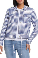 Load image into Gallery viewer, This crop jacket is just so chic with its dusty navy gingham print and drawstring waist.  Front patch pockets add extra flair to super fun jacket.  Color- Dusty navy and white. Silver ring snap buttons. Drawstring waist. Long sleeves Crop style. Front patch pockets.

