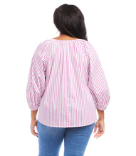 Load image into Gallery viewer, Perfectly polished for summer, this cotton-blend shirt is detailed with mixed-scale stripes. It features billowy blouson sleeves and split neck with ties.  Colors- White, fuchsia, blue. White stripes with thin light blue stripes with prominent fuchsia stripes. Split neck with ties. Blouson sleeves.
