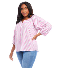 Load image into Gallery viewer, Perfectly polished for summer, this cotton-blend shirt is detailed with mixed-scale stripes. It features billowy blouson sleeves and split neck with ties.  Colors- White, fuchsia, blue. White stripes with thin light blue stripes with prominent fuchsia stripes. Split neck with ties. Blouson sleeves.
