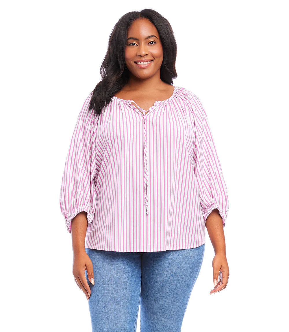 Perfectly polished for summer, this cotton-blend shirt is detailed with mixed-scale stripes. It features billowy blouson sleeves and split neck with ties.  Colors- White, fuchsia, blue. White stripes with thin light blue stripes with prominent fuchsia stripes. Split neck with ties. Blouson sleeves.