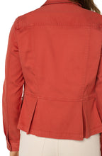 Load image into Gallery viewer, Your wardrobe needs this this beautifully hued jacket, made with super soft cotton dobby with stretch. The design offers an edge to an otherwise ordinary jacket.  Front flap pockets and subtle peplum detailing gives this jacket a &#39;wow&#39; factor.  Color- Desert Bloom; Dark coral color. Peplum hem design. Four front patch pockets. Button down. Stretch fabrication.
