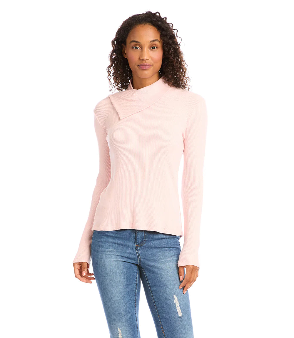 Ultra-soft brushed knit fabric shapes this draped neck top. Its ribbed knit construction and draped neck make this top perfect for cold-weather layering.