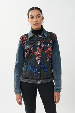 You won't find another denim jacket like this beauty! The detailing on our Everly is exquisite, featuring multi-colored sequins on the front, arranged in a beautiful floral shape. This fabulous jacket is a stunning way to introduce some sparkle into your outfit in a sophisticated manner. Color- Blue denim- Olive, gold, blue threading. Blue, lavender, purple, orange sequins. Silver buttons. Front button closure.