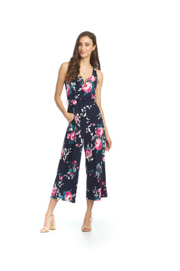 This lovely jumpsuit, with a striking navy and floral design, is a perfect addition to your summer wardrobe.  A beautiful fabrication offers comfort in those hot, humid days but is also a perfect style to wear in the cooler nights paired with a cardigan.