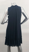 Load image into Gallery viewer, Our Frank Lyman designed Tamela dress is a gorgeous dark navy called Twilight.  A perfect alternative to a black dress, this beauty is elevated in design with a detachable necklace in gold, navy and gold beads and twilight navy fringe.  Slight ruffle detailing at the neckline as well as the bottom adds even more interest.  A gorgeous style for those special events, you will feel beautiful every time you wear this dress.
