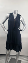 Load image into Gallery viewer, Our Frank Lyman designed Tamela dress is a gorgeous dark navy called Twilight.  A perfect alternative to a black dress, this beauty is elevated in design with a detachable necklace in gold, navy and gold beads and twilight navy fringe.  Slight ruffle detailing at the neckline as well as the bottom adds even more interest.  A gorgeous style for those special events, you will feel beautiful every time you wear this dress.

