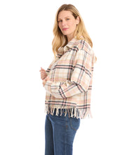Load image into Gallery viewer, Lovely fringe detailing on the hem and across the back of this brushed plaid jacket creates a unique and updated look, while soft pastel colors make a feminine statement. Layer this timeless plaid jacket over your casual looks for lightweight, stylish coverage.

