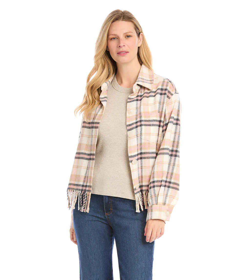 Lovely fringe detailing on the hem and across the back of this brushed plaid jacket creates a unique and updated look, while soft pastel colors make a feminine statement. Layer this timeless plaid jacket over your casual looks for lightweight, stylish coverage.