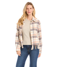 Load image into Gallery viewer, Lovely fringe detailing on the hem and across the back of this brushed plaid jacket creates a unique and updated look, while soft pastel colors make a feminine statement. Layer this timeless plaid jacket over your casual looks for lightweight, stylish coverage.
