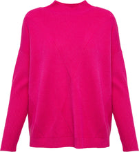 Load image into Gallery viewer, We love cozy warm sweaters in bright colors! This fuchsia sweater meets both of those loves with its cozy, soft fabric and beautifully bright fuchsia color.  A mock neck, our Fannin is a mock neck with a subtle ribbed design on the bodice and arms.    Color- Fuchsia. Mock neck. Pullover. Ribbed design on arms and bodice.

