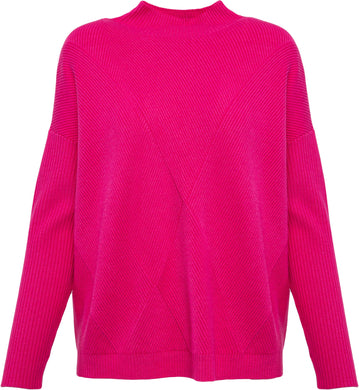 We love cozy warm sweaters in bright colors! This fuchsia sweater meets both of those loves with its cozy, soft fabric and beautifully bright fuchsia color.  A mock neck, our Fannin is a mock neck with a subtle ribbed design on the bodice and arms.    Color- Fuchsia. Mock neck. Pullover. Ribbed design on arms and bodice.
