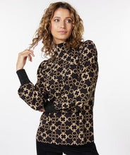 Load image into Gallery viewer, A classic chain print design and ribbed cuffs with a dash of sparkle, creates a style that is effortlessly charming.  A mock neck, pullover style allows our Catharina to pair perfectly with so many of your favorite bottoms, from skirts to denim. Dress up or wear casually; no matter how you style this beauty, you will stand out in a crowd.  Color- Black and gold. Pull over style. Mock neck. Ribbed cuffs with sparkle.
