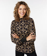 Load image into Gallery viewer, A classic chain print design and ribbed cuffs with a dash of sparkle, creates a style that is effortlessly charming.  A mock neck, pullover style allows our Catharina to pair perfectly with so many of your favorite bottoms, from skirts to denim. Dress up or wear casually; no matter how you style this beauty, you will stand out in a crowd.  Color- Black and gold. Pull over style. Mock neck. Ribbed cuffs with sparkle.
