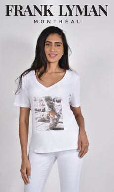 No matter how difficult times get, things always get better and our Faith tee by Frank Lyman reminds us of just that!   Not just an ordinary tee, this crisp white V-neck has the most darling design of two sneakers with bling and the saying 