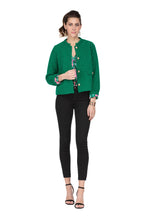 Load image into Gallery viewer, Incredibly chic and stunning, this jacket, very reminiscent of 50&#39;s glamour, has been modernized to include sparkle and a gorgeous mix of brilliant colors.  These fabulous jackets come in your choice of emerald green or hot pink and include metallic threading that dazzles with sparkle.  Buttons in a gold, shine boldly while the inner lining is a bold floral pattern in pink and green. Pictures just can&#39;t do this jacket justice!
