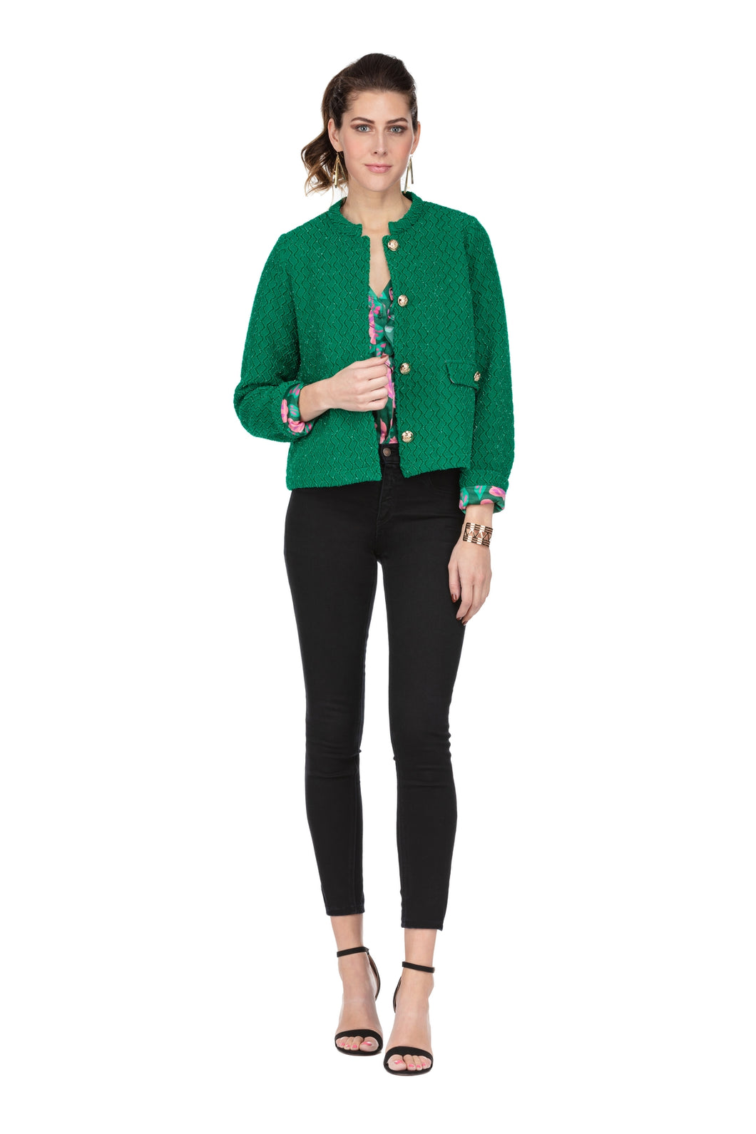 Incredibly chic and stunning, this jacket, very reminiscent of 50's glamour, has been modernized to include sparkle and a gorgeous mix of brilliant colors.  These fabulous jackets come in your choice of emerald green or hot pink and include metallic threading that dazzles with sparkle.  Buttons in a gold, shine boldly while the inner lining is a bold floral pattern in pink and green. Pictures just can't do this jacket justice!