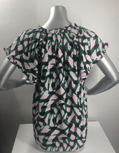 Load image into Gallery viewer, A darling short sleeve top, our Betsy has an incredible abstract print in pink, green, black and white.  The details on this fabulous top give it an edge with ruffle sleeves and a ruffle v-neckline with ties. Our Betsy pairs beautifully with black or white bottoms.   Colors- Light pink, green, black and white. Pull-over. Ruffle detailing on sleeves and neckline. V-neck. Ties. Abstract print. Not sheer. Not stretch fabrication.
