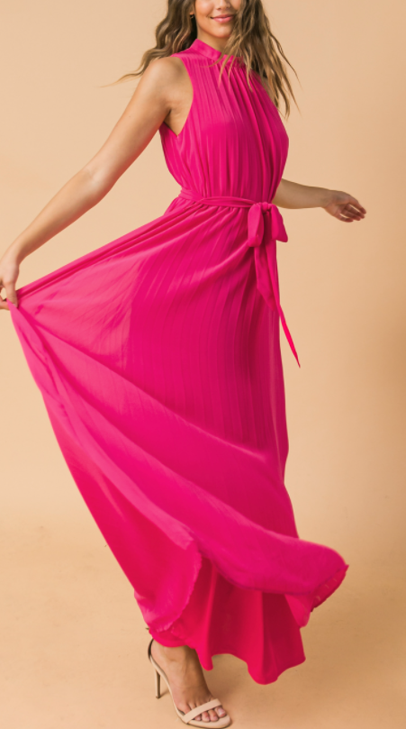 FINAL SALE TANYA FUCHSIA BABY PLEATED HALTER MAXI DRESS