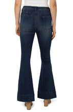 Load image into Gallery viewer, Flare denim is all the fashion and our Hannah High Rise Super Flare is absolutely in vogue! One of the most flattering jeans for women, this modern flare adds a graceful, curved silhouette that can accentuate your feminine figure.  Designed with amazing stretch and recovery, this jean is ultra comfortable and will not bag out.  Eye appealing trim detailing takes this fabulous jean to a whole new level.  Color- Rio Grande; Dark blue wash. Flare design. Hi-rise. Textured trim detailing.
