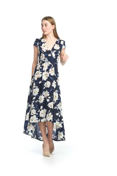 Simply stunning is this gorgeous floral pattern high-low dress with a wrap look.  A gorgeous polyester fabric drapes beautifully and creates a lovely silhouette.  A figure flattering dress, our Mia is a perfect dress for your memorable events.