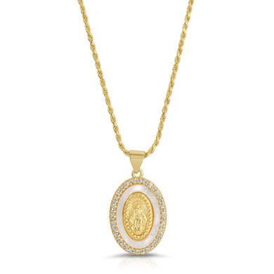 Carry with you the Blessed Saint Mary when you wear this beautiful Holy Mother Mary Necklace. Featuring a mother of pearl inlay with a gold Mary silhouette in the center, this pendant is perfect to pair with the classic Mother Mary necklace.  Color-Gold and white. Cubic zirconia. Genuine mother of pearl shell. Gold vermeil chain. 18