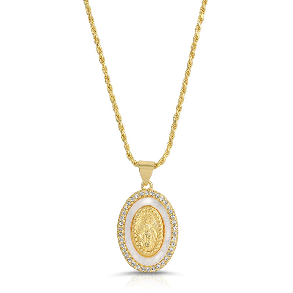 Carry with you the Blessed Saint Mary when you wear this beautiful Holy Mother Mary Necklace. Featuring a mother of pearl inlay with a gold Mary silhouette in the center, this pendant is perfect to pair with the classic Mother Mary necklace.  Color-Gold and white. Cubic zirconia. Genuine mother of pearl shell. Gold vermeil chain. 18