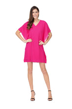 Load image into Gallery viewer, A gorgeous dress in a striking magenta color, our Melanie drape dress offers a stylish drape design that flatters the figure.  With split sleeves, v-neck, waterfall draping on the side and dramatic sleeves, the Melanie will get you noticed and give you compliments.   Color - Magenta. V-Neck. Waterfall draping on sides. Drape sleeves. Split sleeves.
