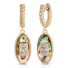 Load image into Gallery viewer, When you wear these beauties, you may just hear the ocean calling. A gorgeous array of colors dance on the drop pendant while the baguette crystal center brilliantly sparkles in the light.
