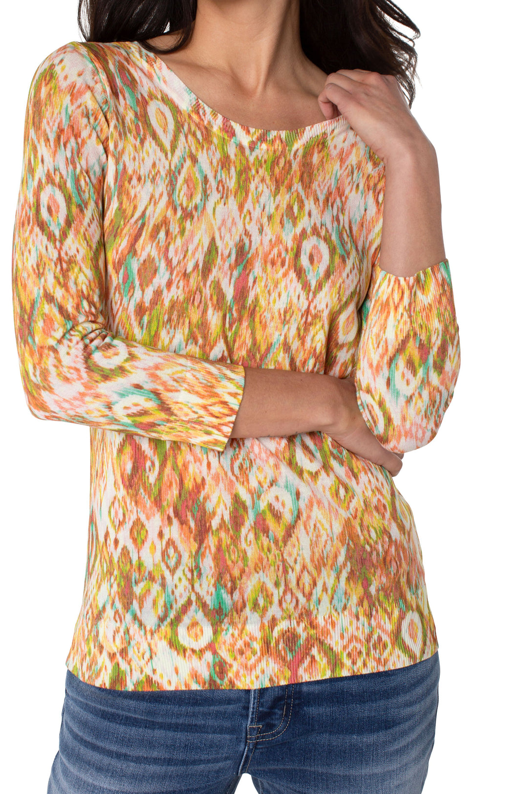Gorgeous kaleidoscope colors really pop on this easy knit pullover sweater.  Just the perfect lightweight sweater to wear all day, you'll find pairing it with a denim jacket or blazer takes it to a whole new level.   Color-Kaleidoscope- 3/4 Sleeve. Round neck. Fabric- 88% Rayon.12% Nylon.