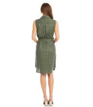 Load image into Gallery viewer, A look that can easily transition from day to evening, our Olena dress is the perfect style for those hot, summer days. Made with lightweight and breathable linen, you are sure to stay cool and comfortable when wearing this fabulous dress. Our Olena by Karen Kane has a figure-defining belt, buttons down the front, and convenient pockets. You can even change up the look and wear unbuttoned as a summer duster.   Color- Olive. White pearl buttons.
